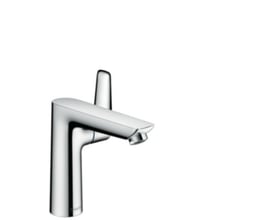 Hansgrohe Talis E 150 håndvaskarmatur i krom med ét greb, vist skråt forfra med høj tud og slank betjeningsarm.