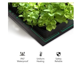 LEDlife varmemåtte til forspiring af frø med planter, viser IP67 vandtæt, ensartet opvarmning og sikkerhedsmærker.