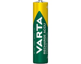 Nærbillede af et enkelt VARTA RECHARGE ACCU Power AAA batteri, der viser grøn-gult design og tekniske specifikationer.