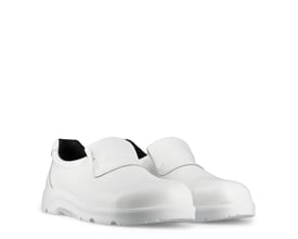 Et par hvide Sika Footwear Ootimax S2 hyttesko i størrelse 35 set forfra på hvid baggrund.