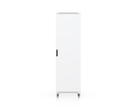 Ubiquiti 42U-rackskab på 1000 mm set forfra med lukket dør, ventilationsåbninger og hjul.