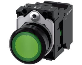 Siemens 22mm rund trykknap i grøn plastik med 1 NO kontakt og integreret LED lys på 230V.