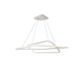 Moderne V-TAC LED metalloftlampe i hvid med et unikt, asymmetrisk design, ophængt med tynde stålwirer.