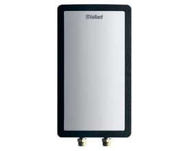 Vaillant Elpatron til aroTHERM luft/vand-varmepumpe med et rektangulært, sølvfarvet panel og sort ramme.