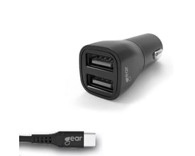 Sort kompakt 12V biloplader med to USB-A porte og et medfølgende USB-A til USB-C kabel.