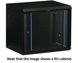 Toten 19-tommer vægmonterbart serverskab i sort med glasdør og 18U kapacitet, 600 x 450 mm.