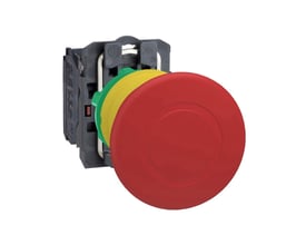 Schneider Electric nødstop XB5 med 40 mm rød trykknap og 1xNC kontaktelement på isoleret baggrund.