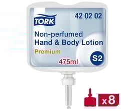 Tork Hand & Body Lotion S2 Premium refill patron med 475ml indhold og S2 mærkning, klar til Tork dispenser.