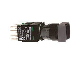Schneider Electric kvadratisk trykknap med sort frontring og planforsænket design, Ø 16 mm, med synlige tilslutningsben.