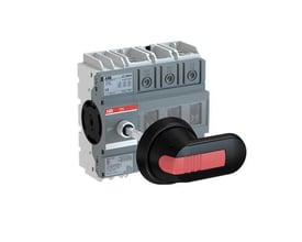 ABB OT160G03P 3-polet lastafbryder på 160A, vist med sort IP65 drejegreb og aksel til frontmontering.