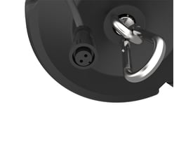 Detalje af Ansell HAWK Z LED High Bay batteripakke, viser tilslutningskabel og monteringskrog i metal.