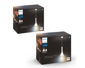 To pakker af Philips Hue Explore pendel hvid ambiance lampe med dimmer switch, der viser pakningerne fra siden.