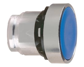 Schneider Electric trykknap, blå, 22mm diameter, vist med monteringsbeslag og en smule af den interne mekanisme.