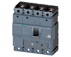 Siemens 3VA1 maksimalafbryder, 4-polet, IEC frame 250, med gråt kabinet og sort betjeningsgreb, tydeligt mærket med Siemens logo.