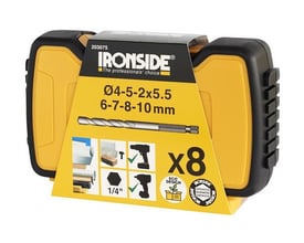 Ironside universalborsæt med otte bor i gul og sort æske; emballagens omslag viser størrelserne 4–10 mm.