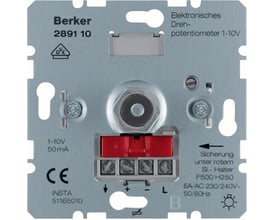 Berker elektronisk drejepotentiometer 1-10V, model 2891 10, med rød terminalblok og skrueterminaler til lysstyring.