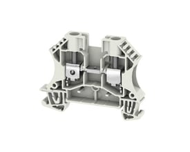 Hvid Weidmüller WDU6 WS-gennemgangsklemme til 6 mm² med to skruetilslutninger, vist med synlig indmad.