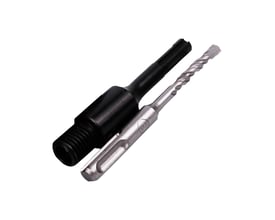 Distar SDS-Plus adapter med M16 gevind og tilhørende centerbor til diamantdåsesænkere, isoleret på hvid baggrund.