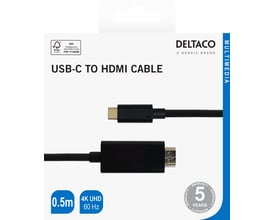Deltaco USB-C til HDMI-kabel i sort med forgyldte stik og 4K UHD vises på emballagen.
