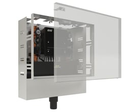 Kemper KHS PRO hygiejneskyl med to tilslutninger og gennemstrømningssensor, vist med åben front og interne komponenter fremhævet.