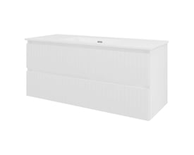 Sanibell Proline møbelsæt 121x46 cm i mat hvid med to lodrette, grebsfrie softclose skuffer og en integreret vask.