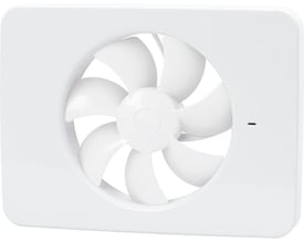 Hvid Fresh Intellivent Celsius ventilator med firkantet front, rund åbning og synlige vifteblade.