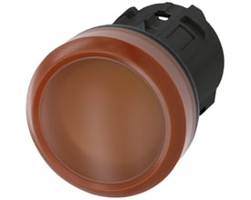 Siemens 22mm rund signallampe med orange, glat plastiklinse, SIRIUS ACT serie, vist fra siden.