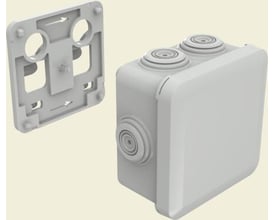 Legrand Plexo forgreningsdåse 80x80 mm i grå plast med et tilhørende monteringsbeslag til kabelbakke.