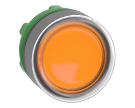 Schneider Electric ZB5 LED lampetrykhoved i gul farve med metalring, vist på hvid baggrund.
