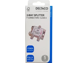 Forsiden af emballagen til Deltaco 2-vejs splitter med F-stik, Klasse A og én DC-pasudgang.