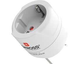 SKROSS rejseadapter fra Europa til Storbritannien, hvid, med plads til Schuko- og Euro-stik på den ene side og britisk stik på den anden.