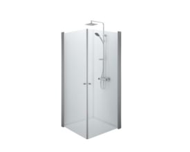 Contura Shower Space lige dør med mat aluminiumsprofil og klart glas vist som en hjørneløsning i et moderne badeværelse.