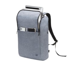 Dicota Eco Backpack MOTION 13 - 15.6” i Blue Denim, med en bærbar computer, smartphone og notesbog synlige i åbne lommer.