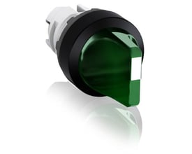 ABB drejegreb med grøn lampe og kort greb, Ø22 mm trykknapshoved med to stillinger på hvid baggrund.