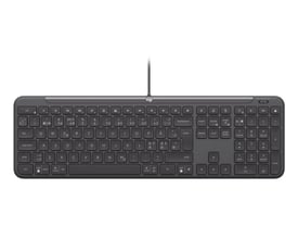 Logitech Signature Slim Wired K620 for Business-tastatur i mørkegrå med numerisk felt og ledning, set forfra.