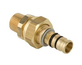 Geberit Mepla RG-union med nippel, 40 mm x 1½″, set skråt fra siden med gevind og tilslutningsende synlige.