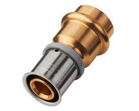 Roth MS-presovergang med muffe i messing og rustfrit stål til 32 mm alu-rør og Ø28 mm CU-rør, vist på hvid baggrund.