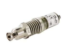 Danfoss væskestandsonmskifter LLS 4000 med G 3/4 tommer gevind og transparent hus, vist på hvid baggrund.
