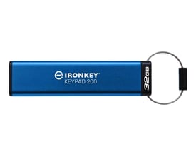Blå Kingston IronKey Keypad 200 USB-nøgle med 32 GB, vist fra siden med sort endestykke og fastgjort løkke.