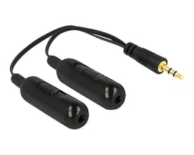 Sort DeLock-lydsplitterkabel med 3,5 mm jackstik han og to 3,5 mm stereo-jackstik hun.