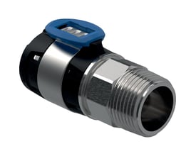 Geberit FlowFit overgang, 25mm x 3/4", fremstillet af skinnende CrNiMo-stål med sort plastdetalje og blå låsering.