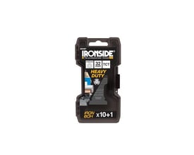 Emballagen til Ironside savklingesæt til multicutter viser en sort plastkasse mærket 32 mm, Starlock og 10+1 karbidblade.