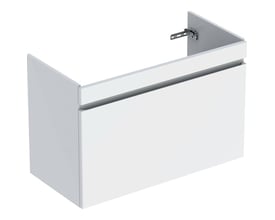 Geberit Renova Plan vaskeskab i hvid blank med en skuffe og en skjult indvendig skuffe på hvid baggrund.