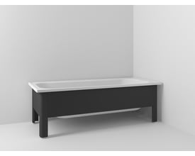 Svedbergs badekar 1260, 1600x700 mm, sort emaljeret stål, installeret i et hjørne med hvidt interiør.