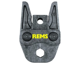 Nærbillede af en REMS V presstang, type V42, med fokus på den præcisionsbearbejdede kontur og gul REMS logo.