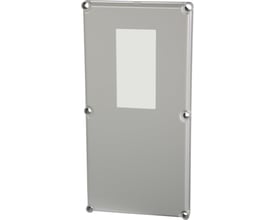 Nærbillede af Fibox EK SOLID dækslet, viser de fire hjørner med skruehuller og den indbyggede rude.