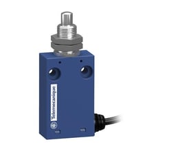 Telemecanique Sensors XCMH21F0L2 miniature endestopafbryder med blåt hus, metalstempel og sideført kabel, set skråt forfra.