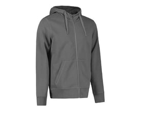 ID Identity hættecardigan i farven silver grey, str. S, vist med gennemgående lynlås og kængurulomme.