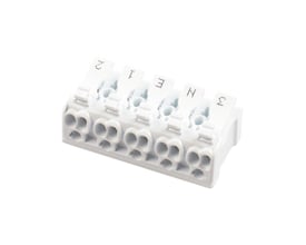 Scan Products 5-polet skrueløs klemme i hvid plast til Luna Quick/Combi install med tydelige markeringer som E, N, L, 1, 2.