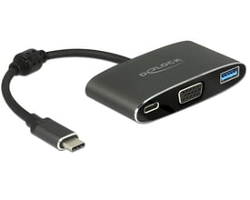Sort DeLock USB-C til VGA-adapter med USB-A-port, USB-C PD-port og fast kabel med USB-C-stik.